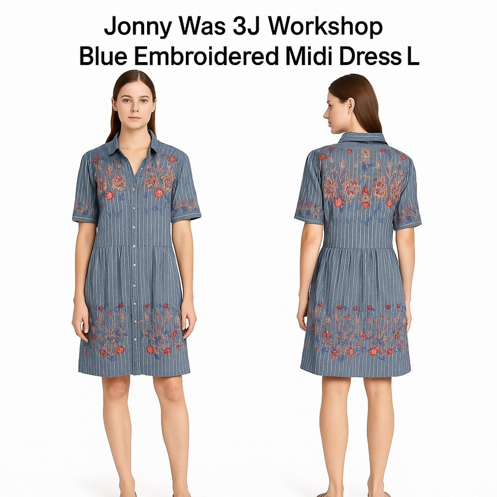 Johnny Was 3J Workshop Blue Embroidered Midi Dress L